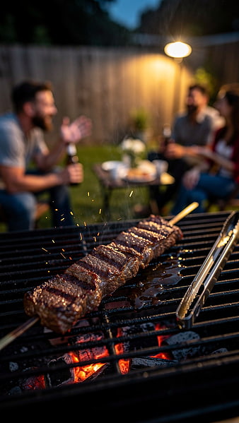 Juicy Beef Skewers Grilling on Charcoal BBQ with Friends