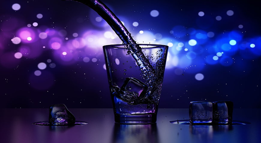 Pouring clear liquid into glass with ice cubes on neon background