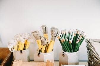 Organized Art Supplies with Green Pencils and Twine