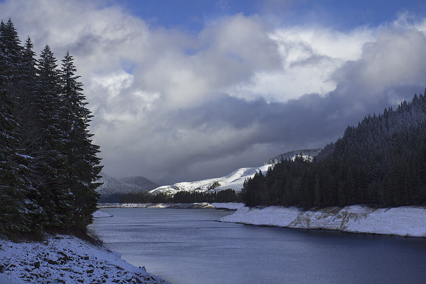 Snowy River Landscape with Pine Forest and Cloudy Sky