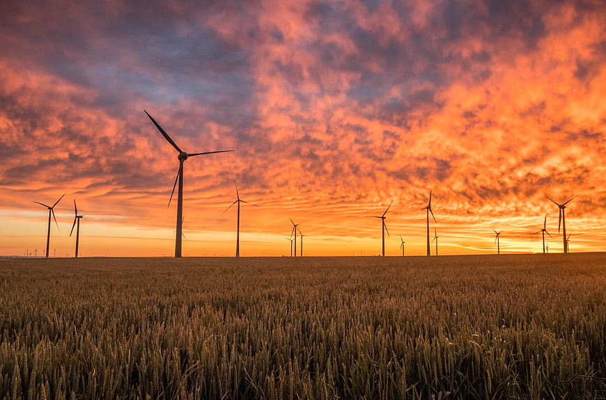 Wind Turbines in Wheat Field at Dramatic Sunset