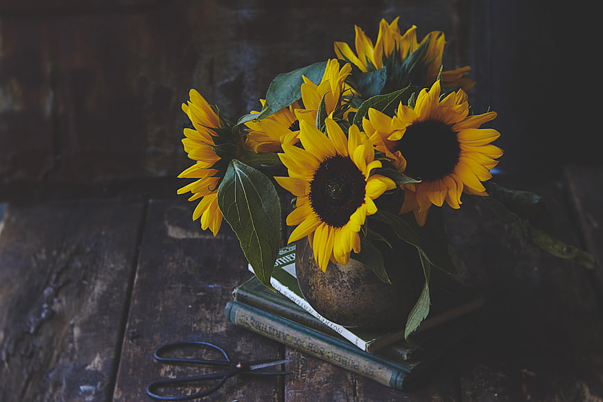 Rustic Sunflower Bouquet in Vintage Vase on Wooden Table