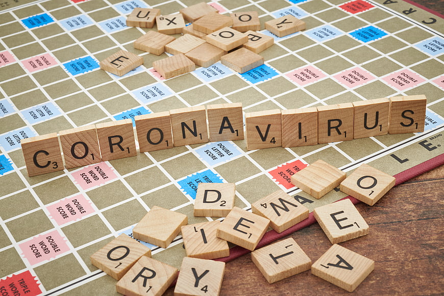 Coronavirus Word Spelled on Scrabble Board Game