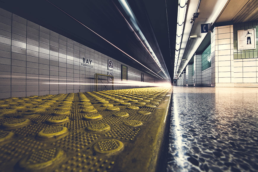 Low angle view of empty Yorkville subway station platform