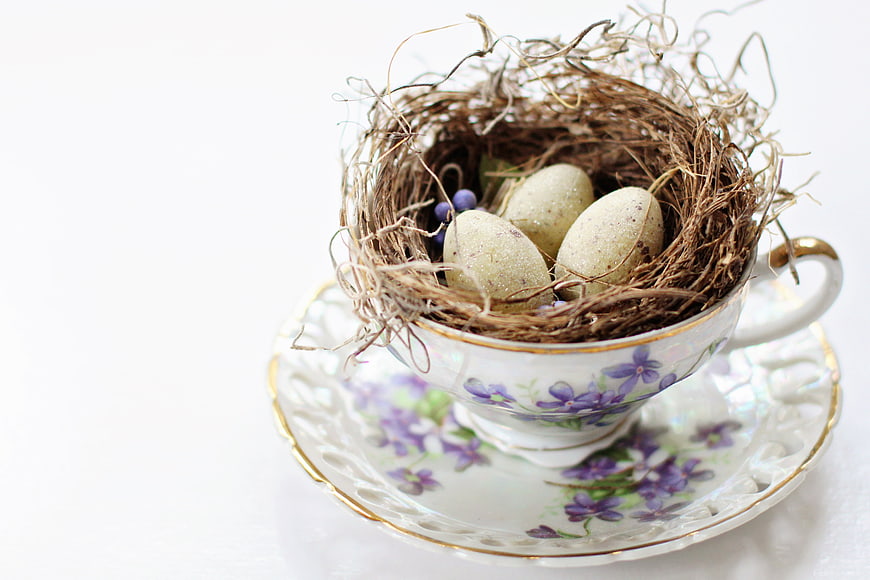 Vintage teacup bird's nest with speckled eggs and violets
