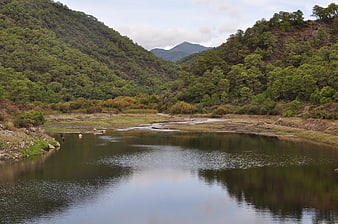 Serene river valley with lush green hills and calm water