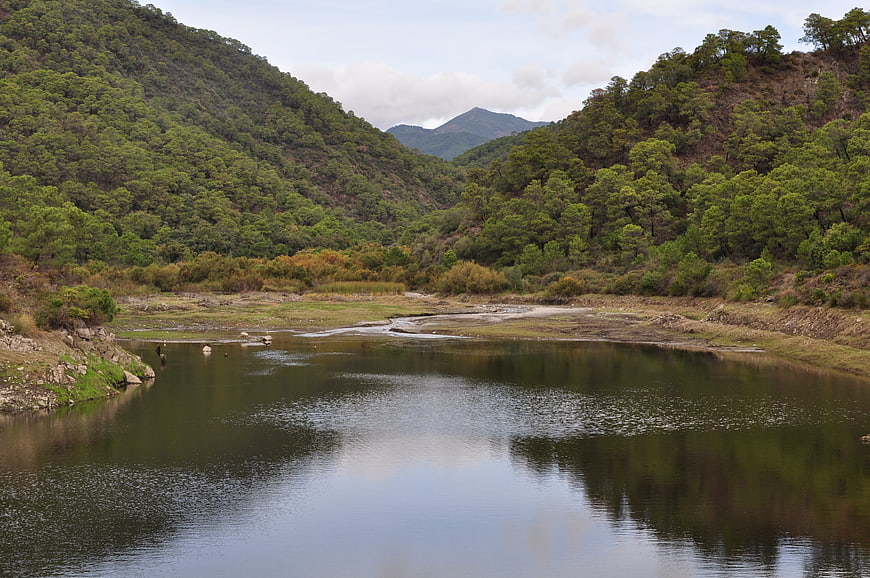 Serene river valley with lush green hills and calm water