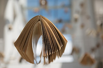 Hanging Open Book Sculpture with Blurred Background
