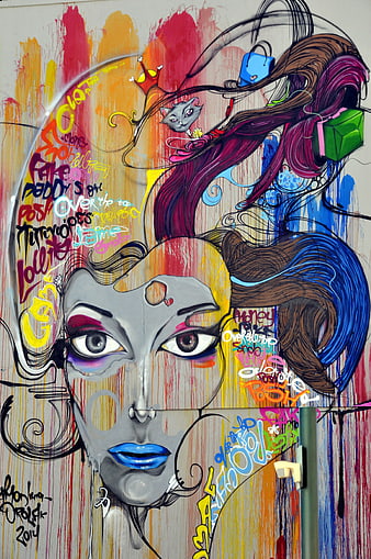 Colorful Graffiti Mural of Stylized Woman's Face