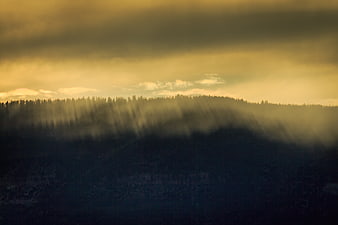 Dramatic Sunbeams Over Misty Forested Mountain Ridge