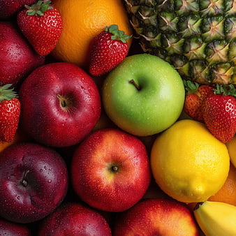Vibrant Close-Up of Fresh Assorted Fruits with Water Droplets