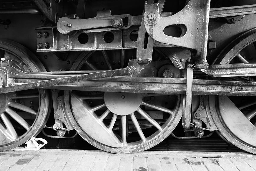 Vintage Steam Locomotive Wheels and Mechanical Linkage