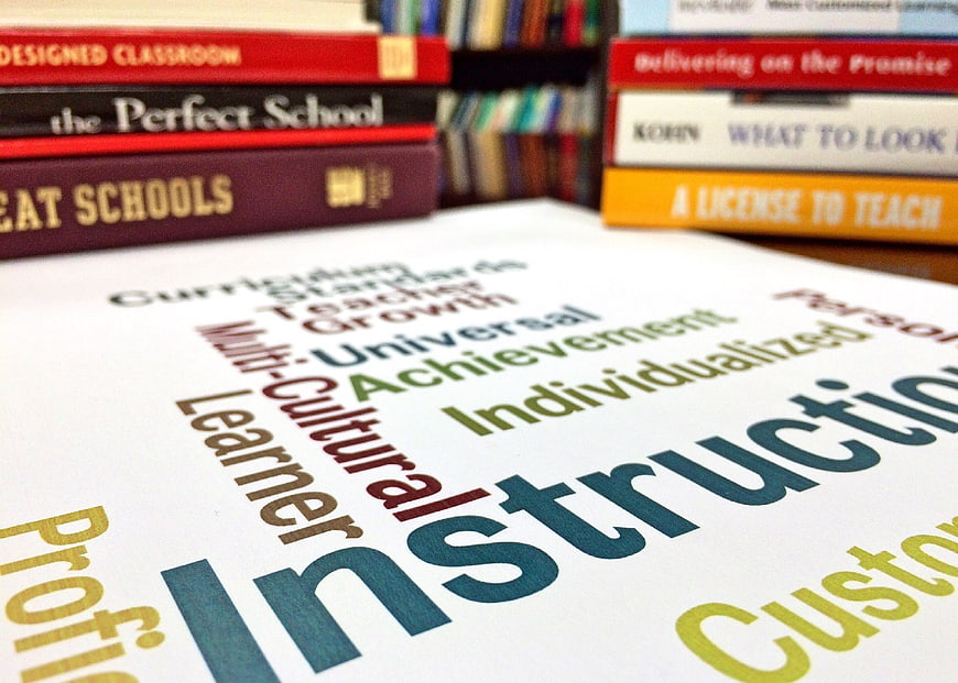 Education word cloud with books on shelves background