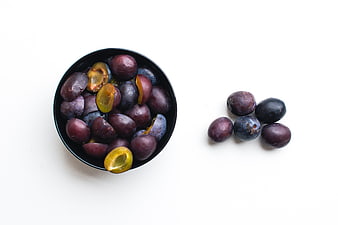 Top view of fresh plums in a black bowl on white background