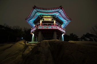 Illuminated Traditional Korean Pavilion at Night