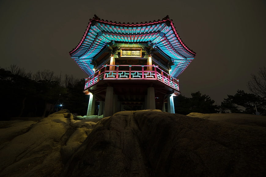 Illuminated Traditional Korean Pavilion at Night