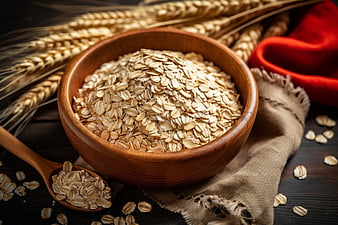 Rustic Wooden Bowl of Rolled Oats with Wheat Ears