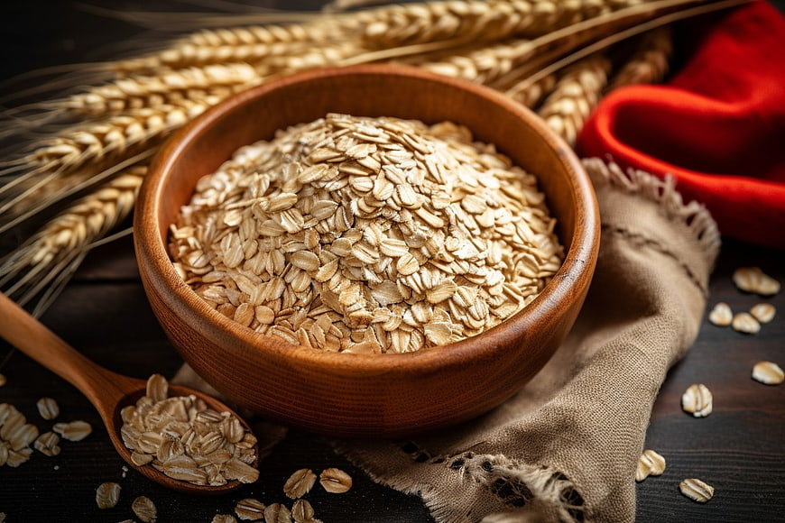 Rustic Wooden Bowl of Rolled Oats with Wheat Ears