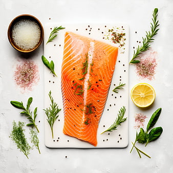 Raw salmon fillet with herbs and spices on white background