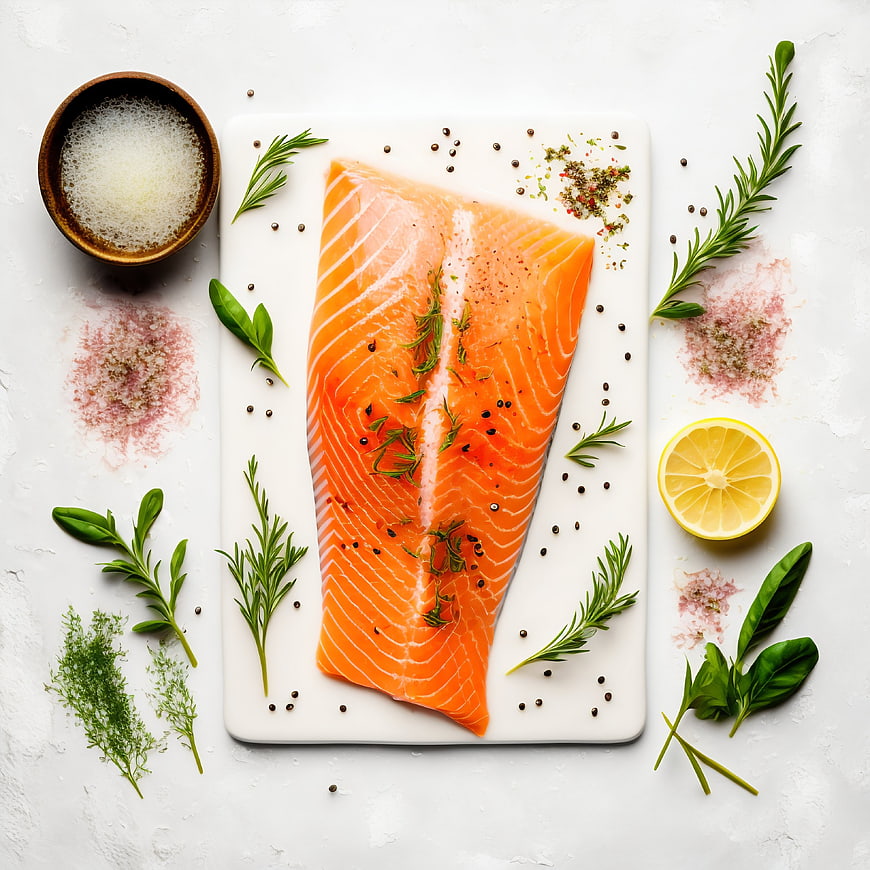 Raw salmon fillet with herbs and spices on white background