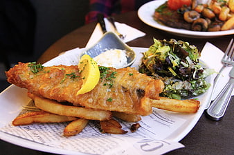Classic Fish and Chips with Salad and Tartar Sauce