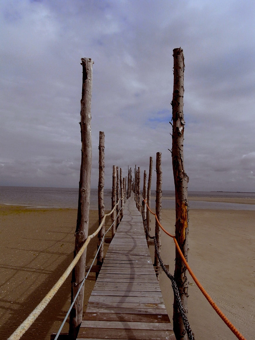 Wooden pier leading to sea on sandy beach under cloudy sky
