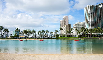 Waikiki Beachfront View With High-Rise Hotels And Palm Trees