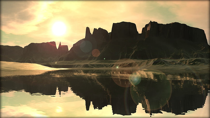 Dramatic 3D Fantasy Landscape with Mountain Reflections and Lens Flare