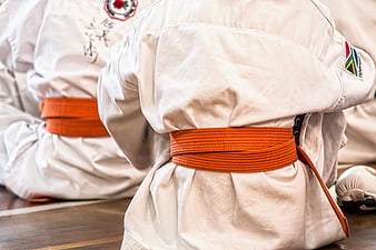 Close-up of martial arts students kneeling in white uniforms with orange belts