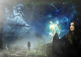 Fantasy Woman Holding Glowing Magic Light in Dark Forest