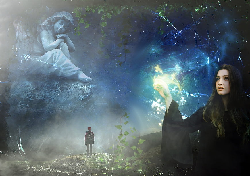 Fantasy Woman Holding Glowing Magic Light in Dark Forest
