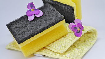 Yellow Cleaning Sponges with Purple Flowers on White Background