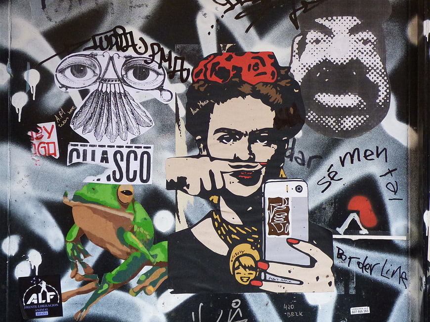 Frida Kahlo Street Art Mural with Frog and Graffiti