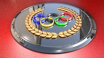 3D Olympic Rings with Gold Laurel Wreath on Chrome Disc