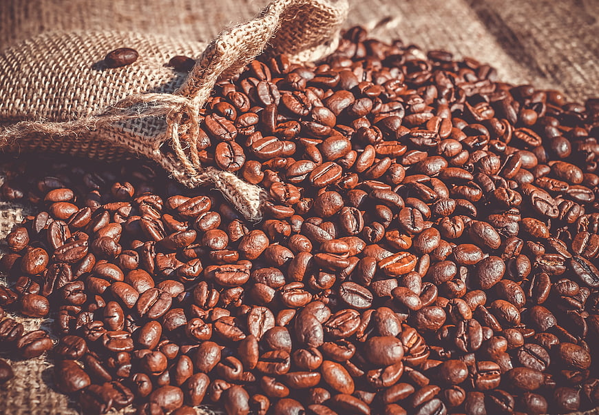 Roasted Coffee Beans Spilling from Burlap Sack