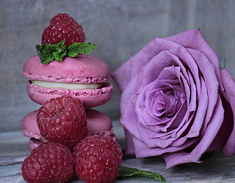Pink macarons with raspberries and purple rose