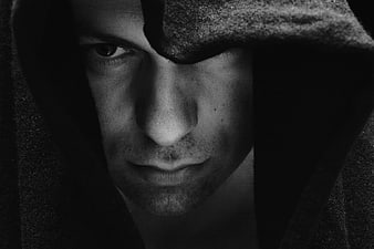 Dramatic Black and White Portrait of Hooded Man