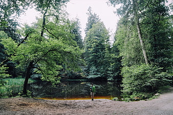 Man with backpack standing by forest lake