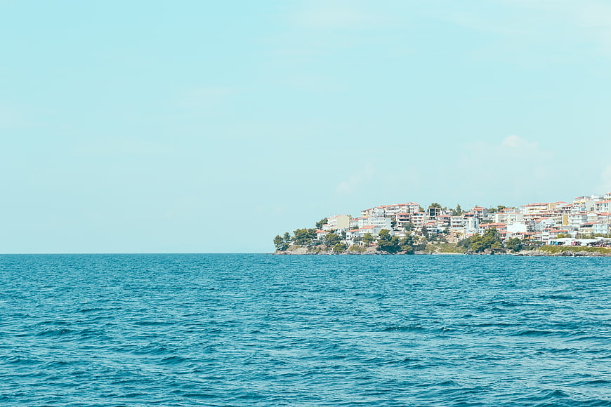 Coastal town skyline on a sunny blue sea day