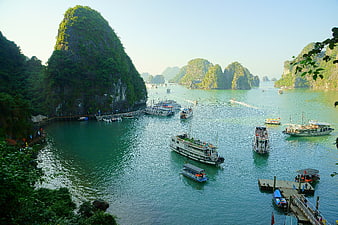 Halong Bay, Vietnam with Tour Boats and Limestone Karsts