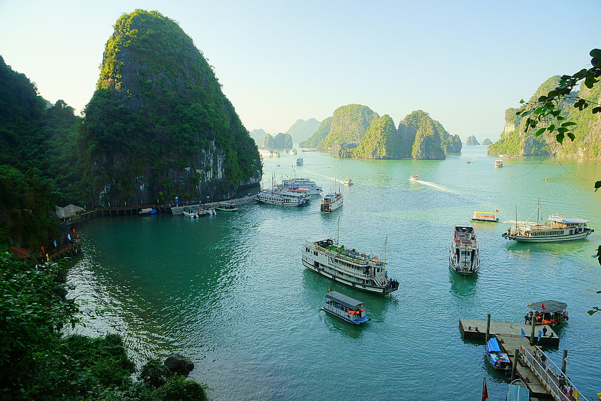 Halong Bay, Vietnam with Tour Boats and Limestone Karsts