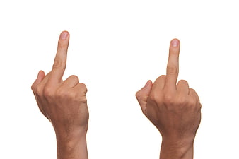 Two hands making middle finger gesture on white background