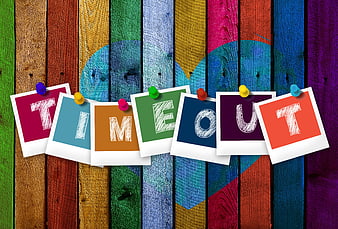 Colorful Time Out Concept With Polaroid Cards On Wooden Background