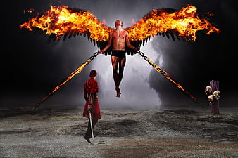 Fallen angel with fiery wings chained by warrior