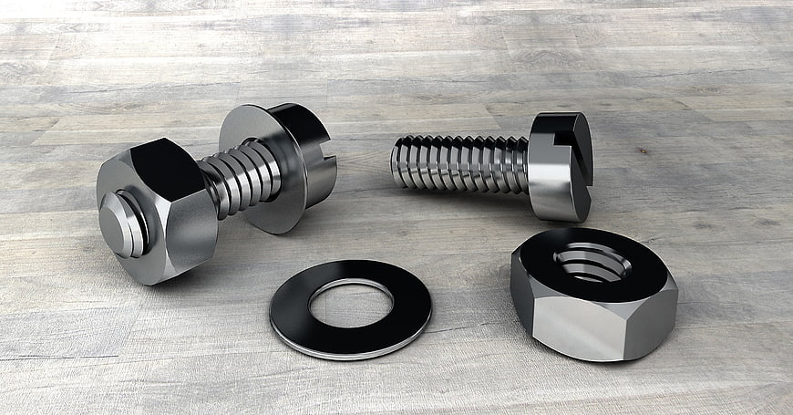 3D Rendered Stainless Steel Hex Bolts, Nuts, and Washers on Wood