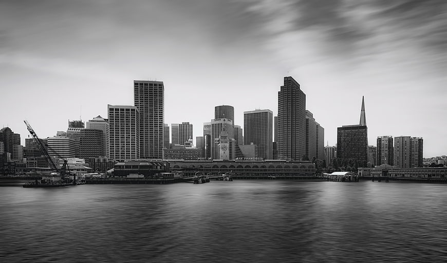 Black and White San Francisco Skyline with Ferry Building