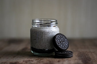 Oreo Cookie Batter Mix in Glass Jar on Wooden Table