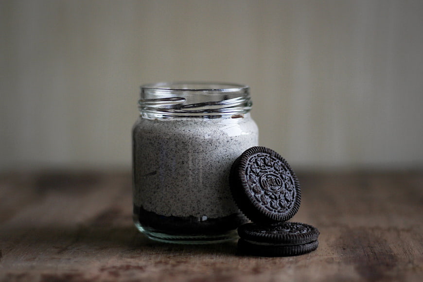 Oreo Cookie Batter Mix in Glass Jar on Wooden Table
