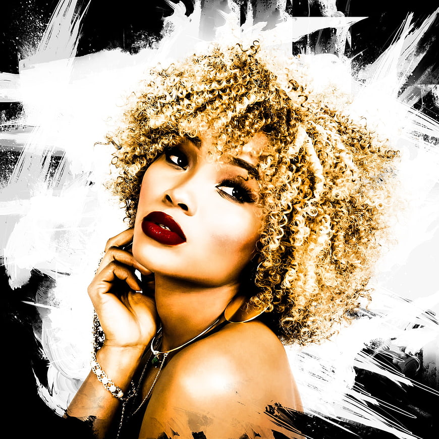 Stylish woman with curly blonde hair and red lipstick