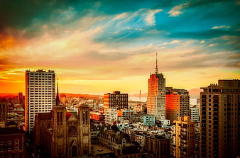 San Francisco Skyline Sunset with Golden Gate Bridge